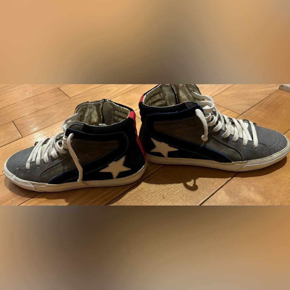 Golden Goose slide sneakers in grey & blue suede with red stripe in the back.